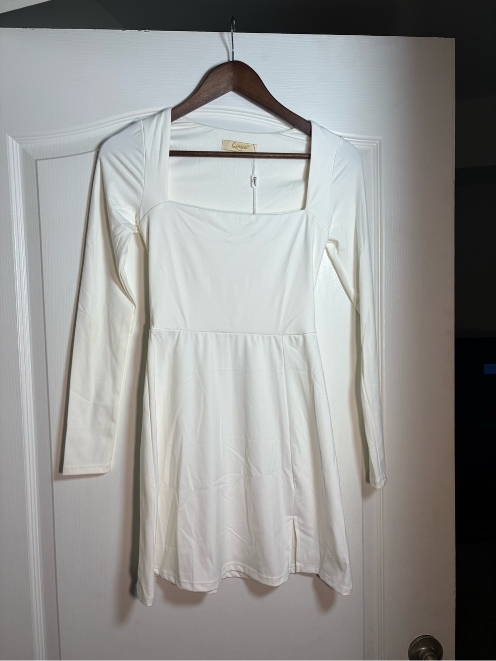 Square-Neck Long Sleeve White Mini Dress